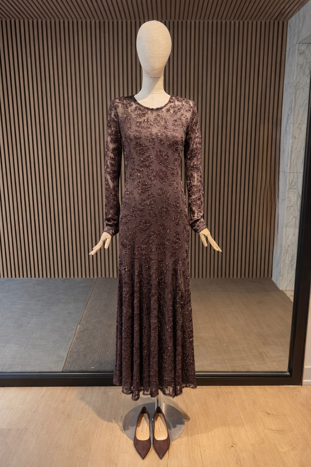 Embellished Sequin Maxi Brown Dress