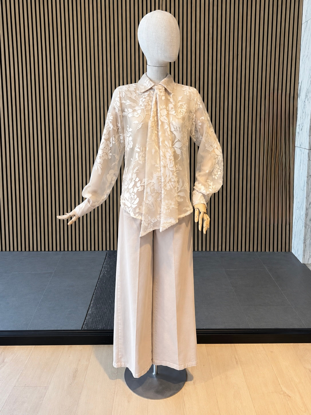 Ivory Sheer Floral Jacquard Bow Blouse