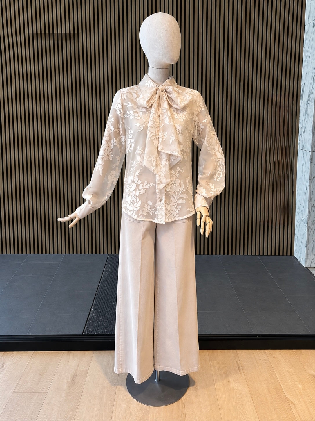 Ivory Sheer Floral Jacquard Bow Blouse