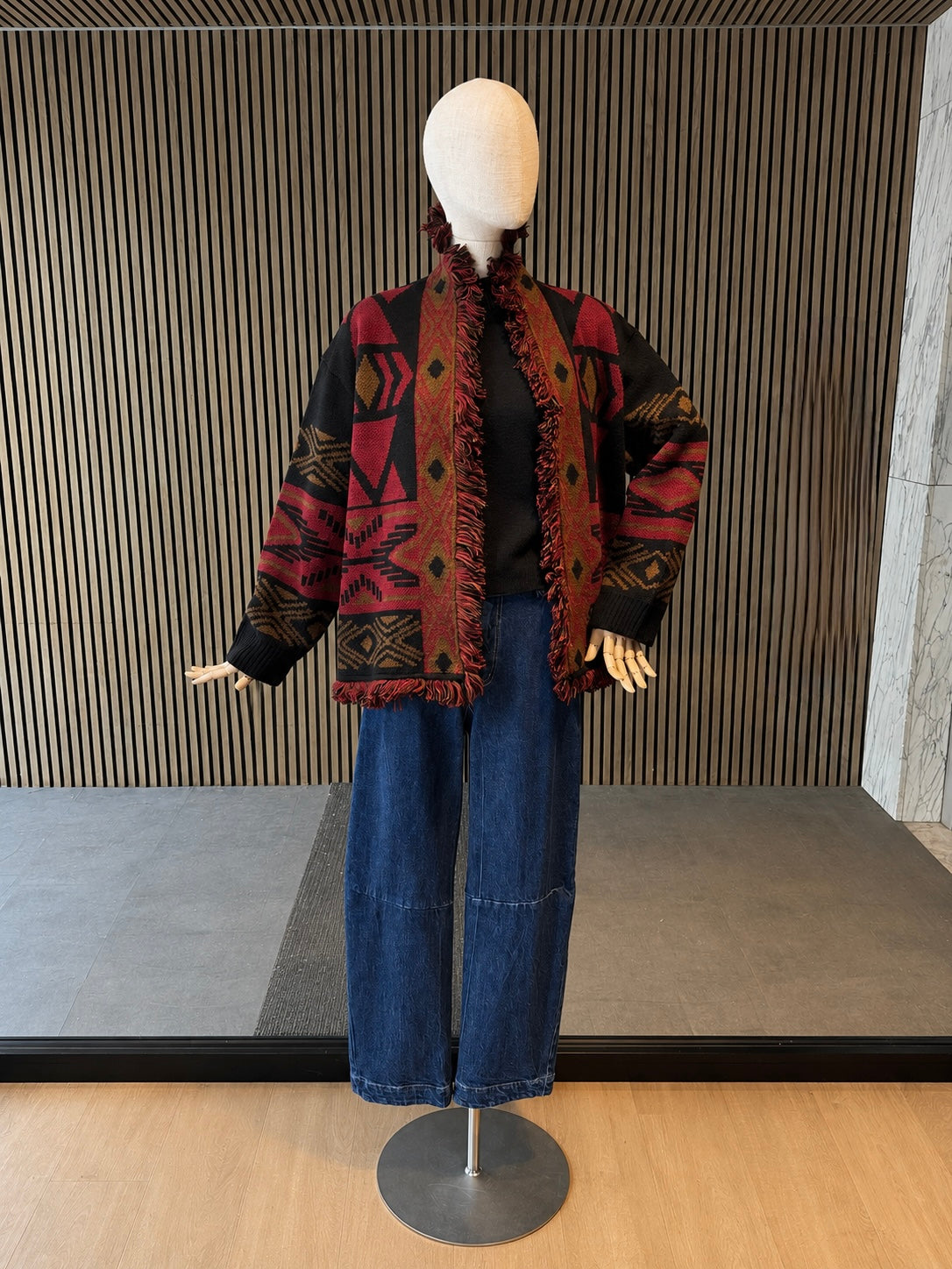 Red & Black Geometric Fringe Knit Cardigan