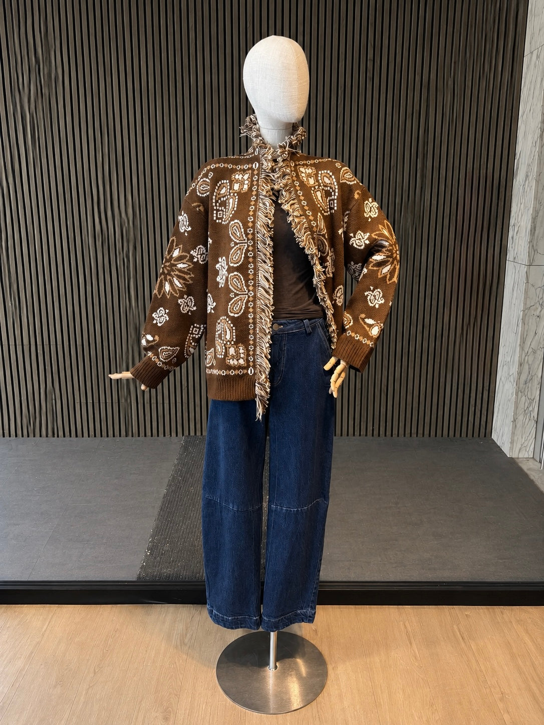 Brown Paisley Fringe Knit Cardigan - Women's Oversized Cardigan