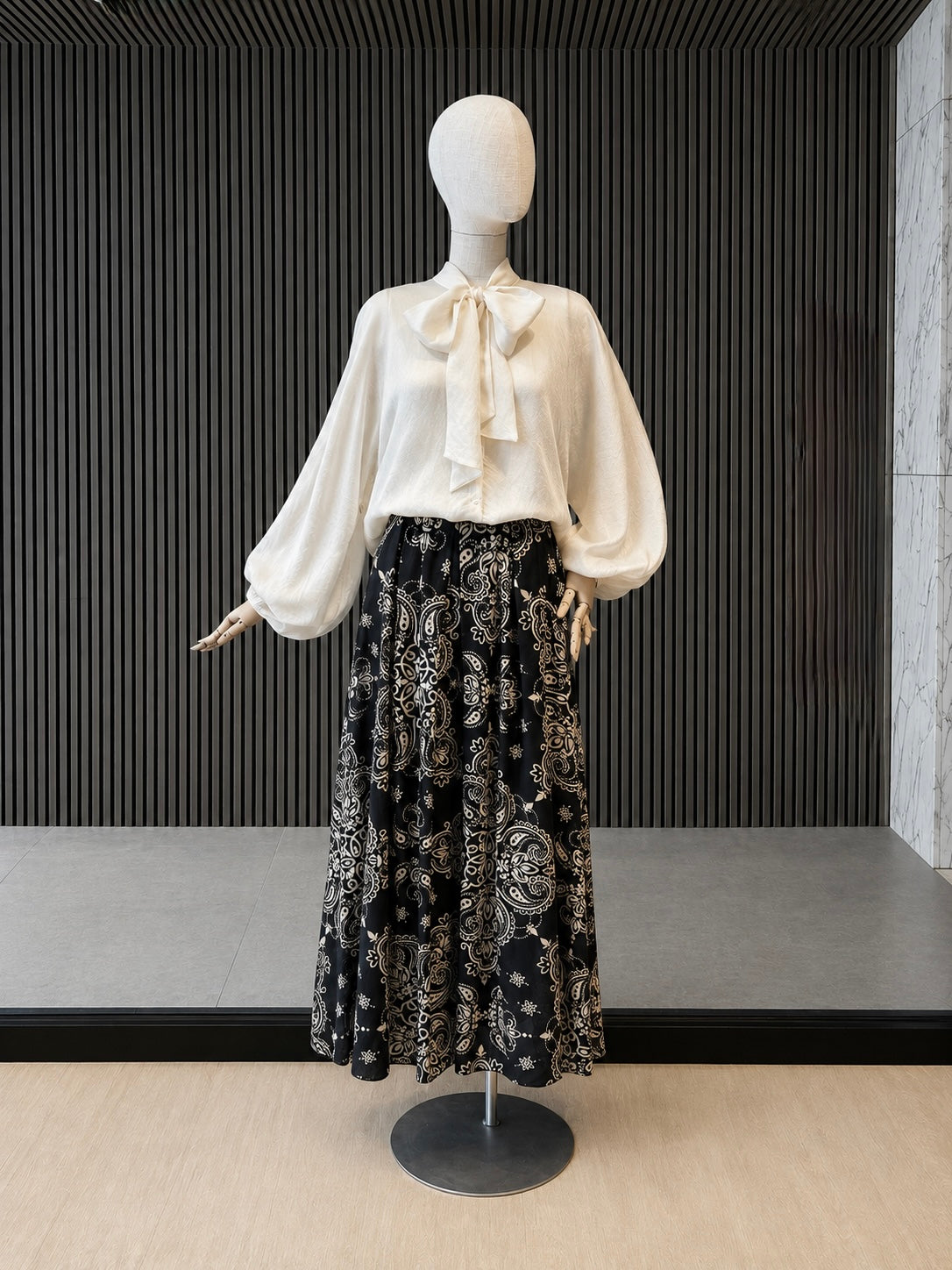 Ivory Bow-Neck Blouse With Balloon Sleeves