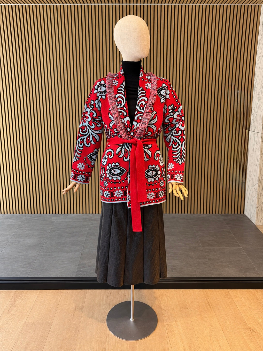 Relaxed Fit Red Jacquard Knit Cardigan With Belt & Fringe Trim
