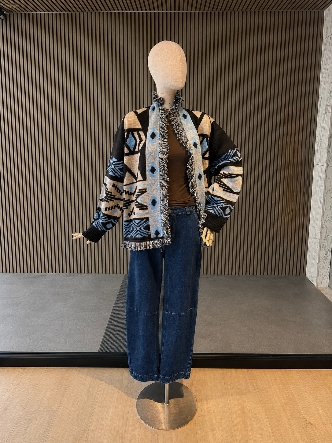Blue & Beige Geometric Fringe Knit Cardigan