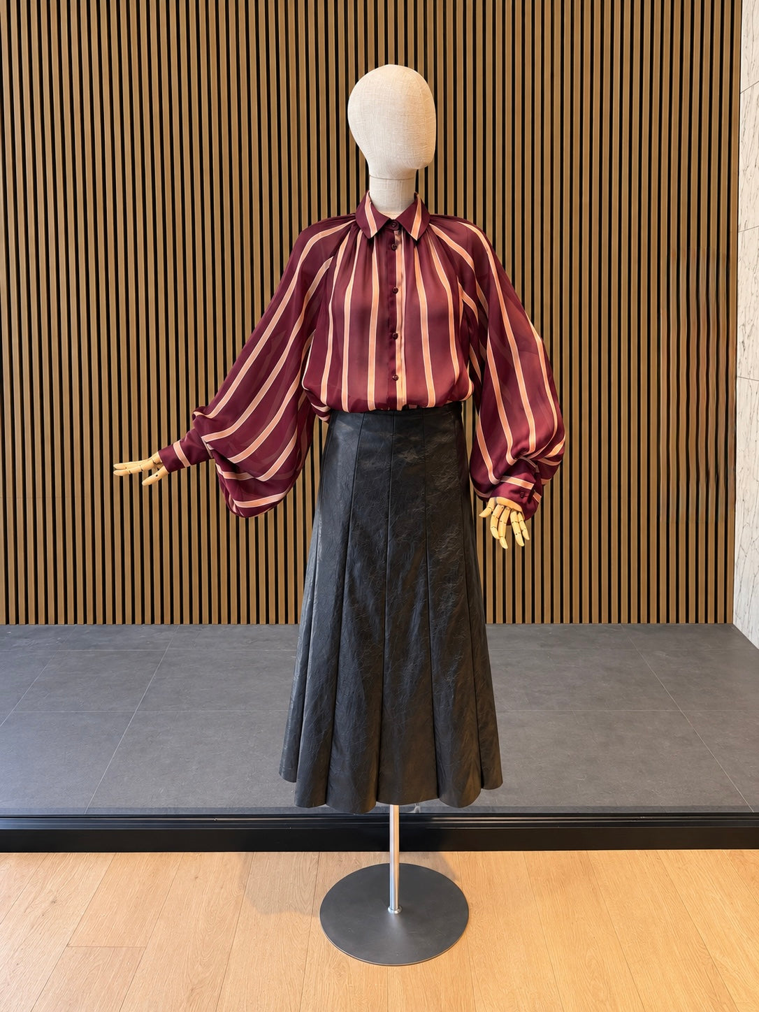 Relaxed Fit Burgundy Striped Sheer Blouse With Balloon Sleeves