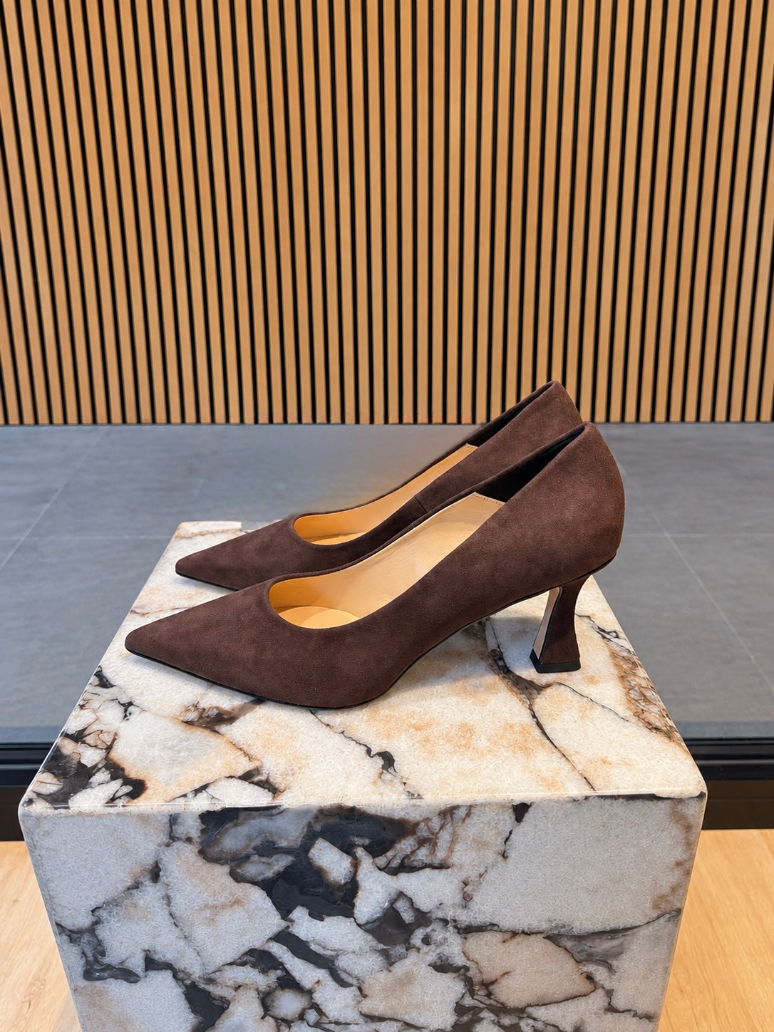 Women's Brown Suede Pointed-Toe Pumps With Flared Heel