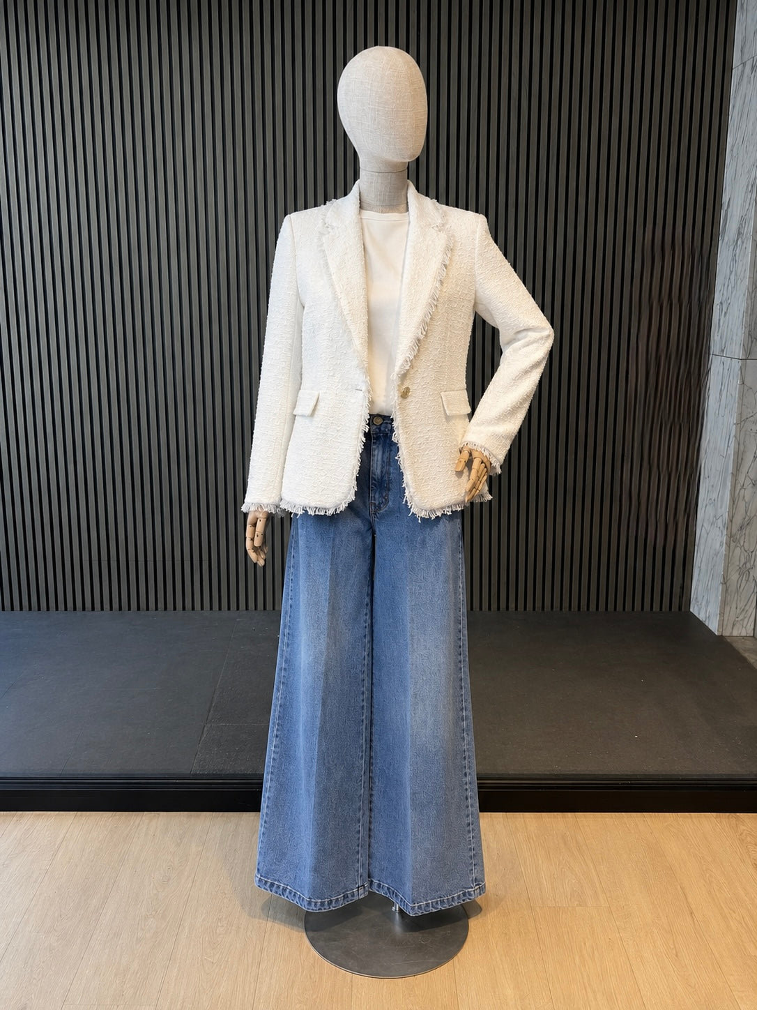 White Tweed Blazer With Fringe Trim & Gold Button
