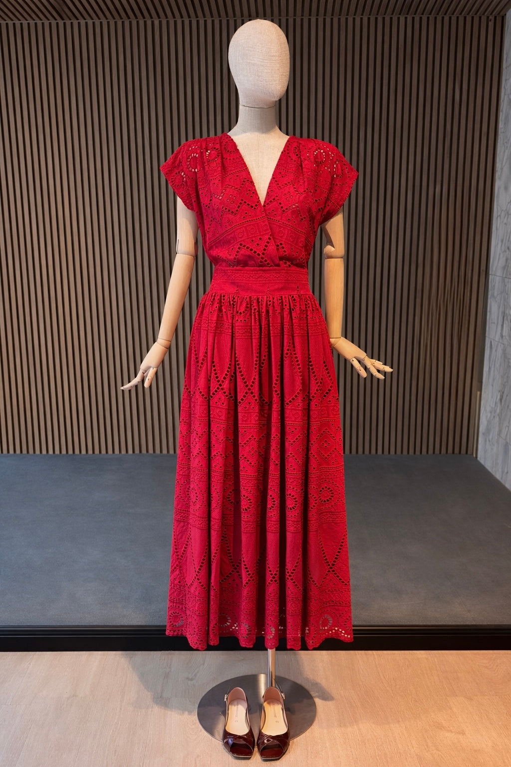 Red Eyelet Maxi Dress - Elegant Broderie Anglaise Summer Dress
