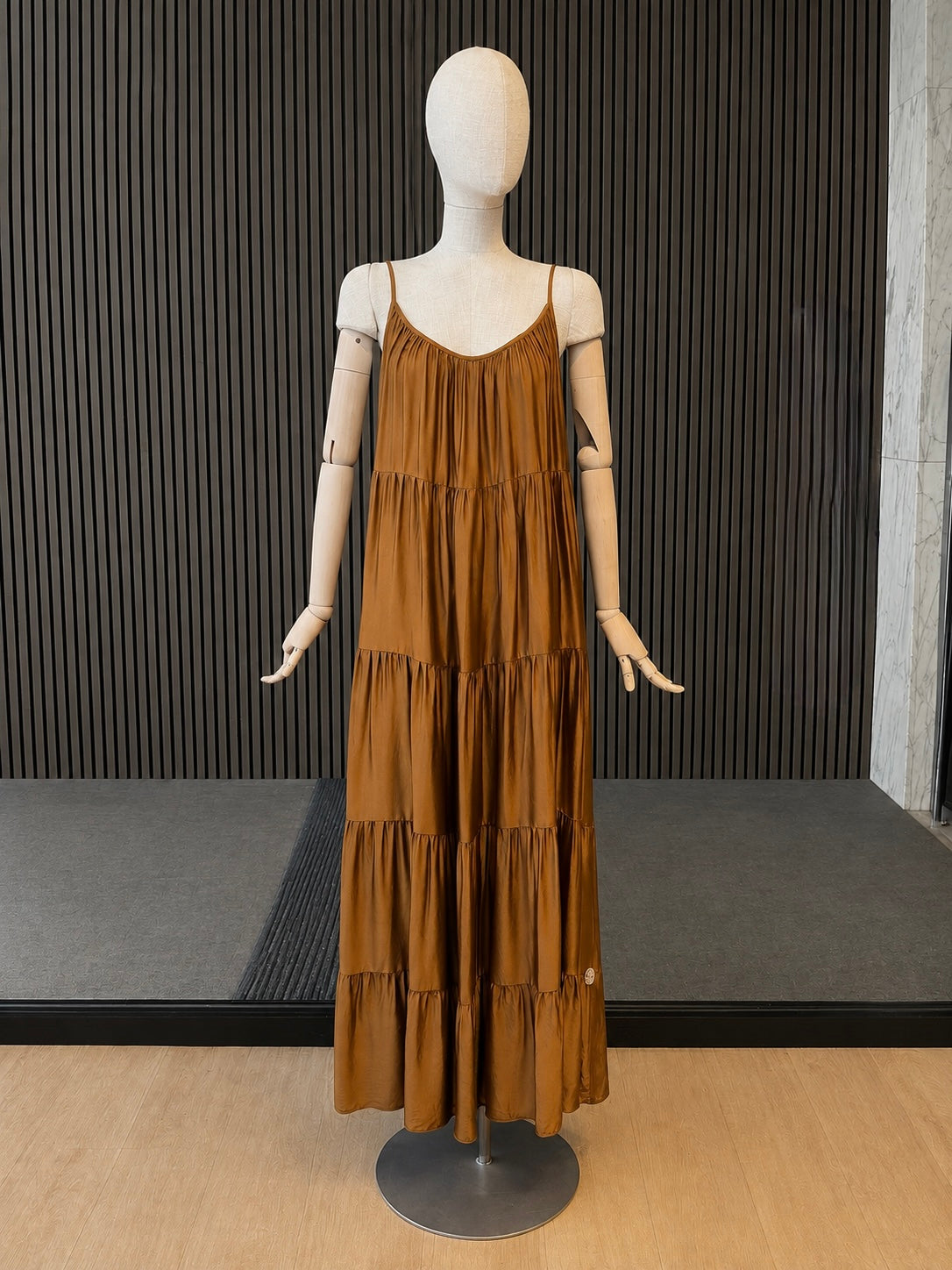 Women's Caramel Brown Tiered Spaghetti Strap Maxi Dress