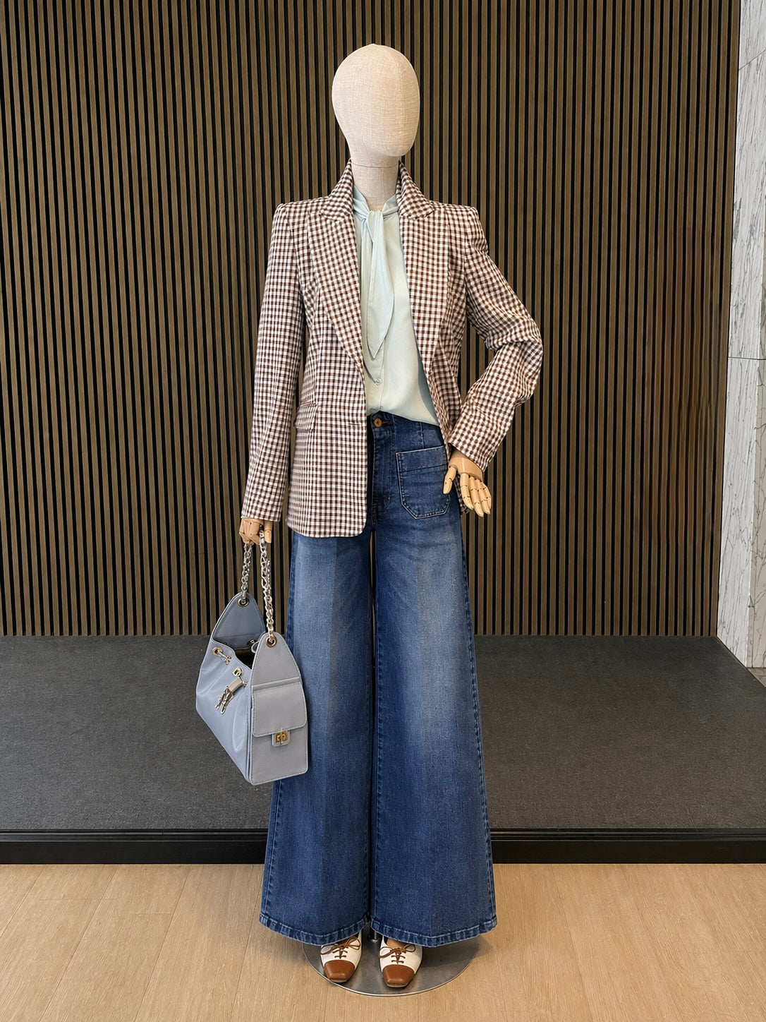 Pastel blue and brown Gingham Tailored Blazer - Classic Check Women's Jacket