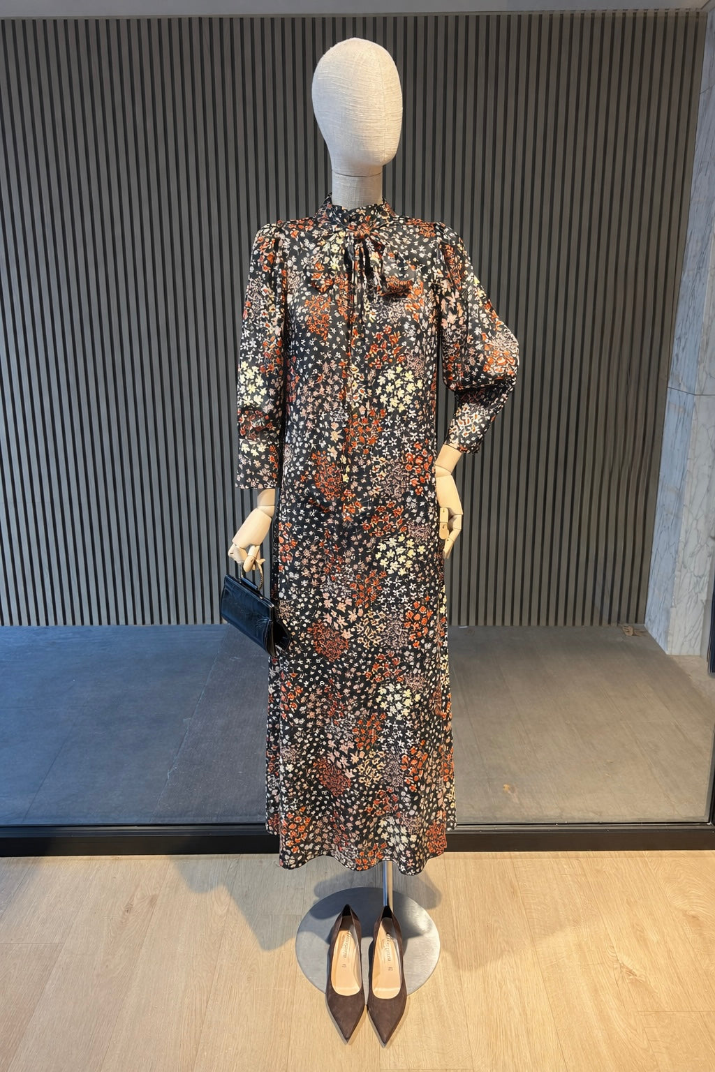 Dark Floral Tie-Neck Maxi Dress
