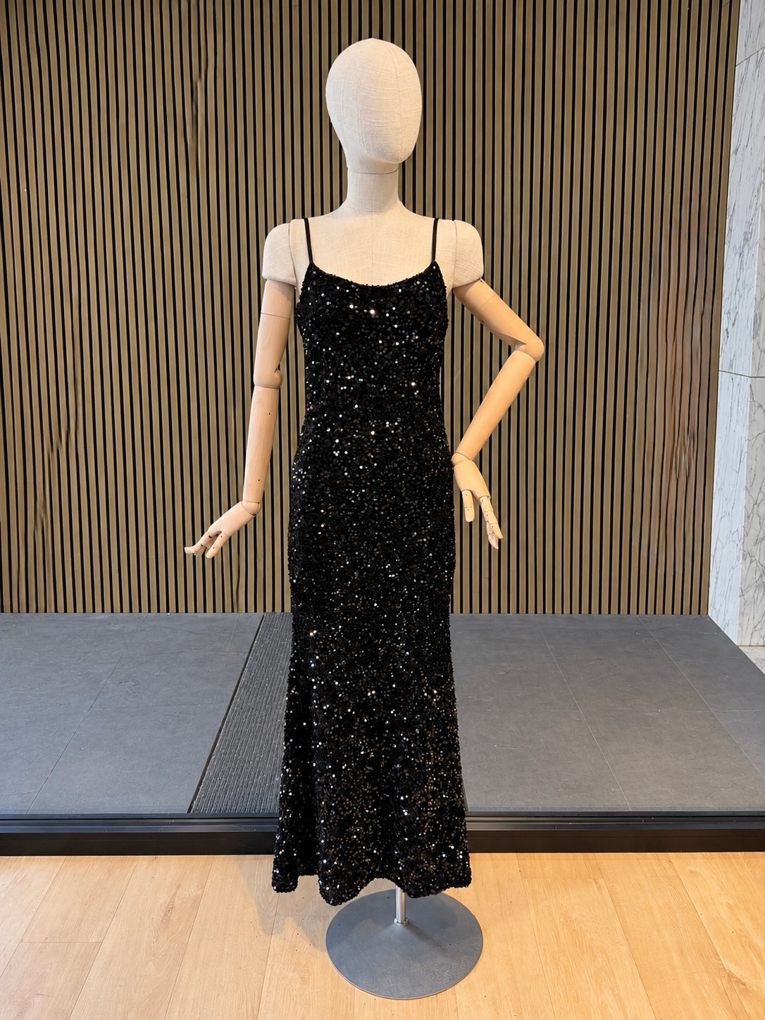 Black Sequin Maxi Evening Dress With Spaghetti Straps - Party Dress
