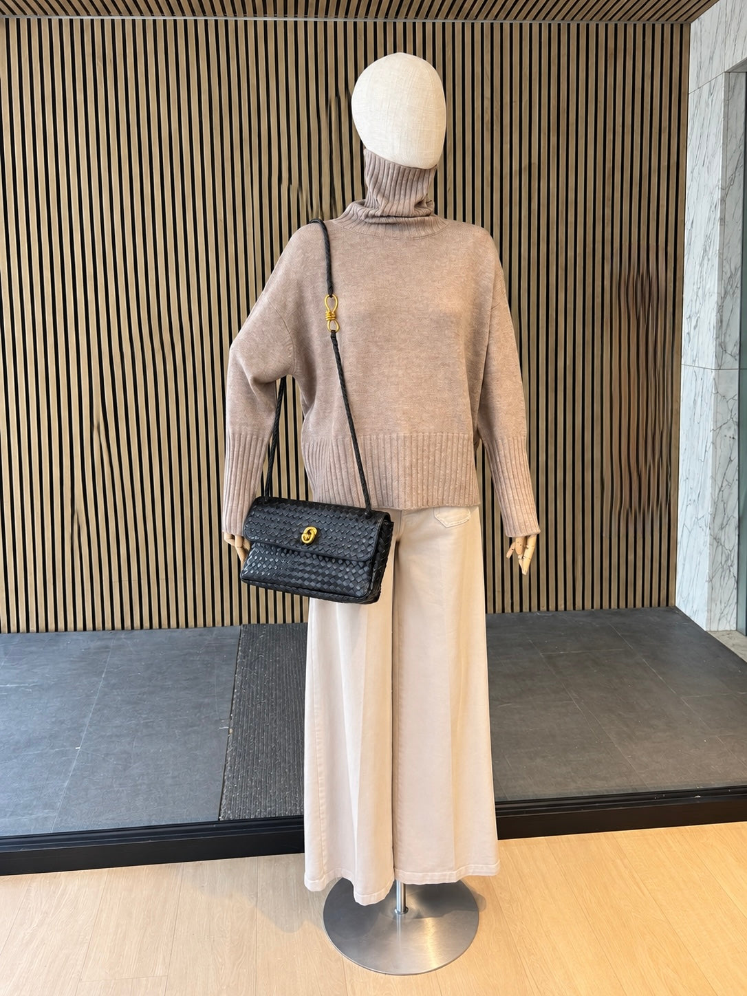 Black Woven Leather Shoulder Bag With Gold Hardware