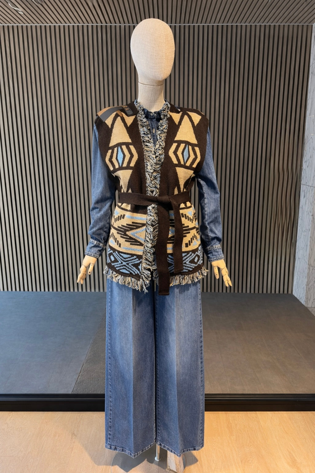 Geometric Jacquard Knit Vest With Belt - Brown, Cream & Blue