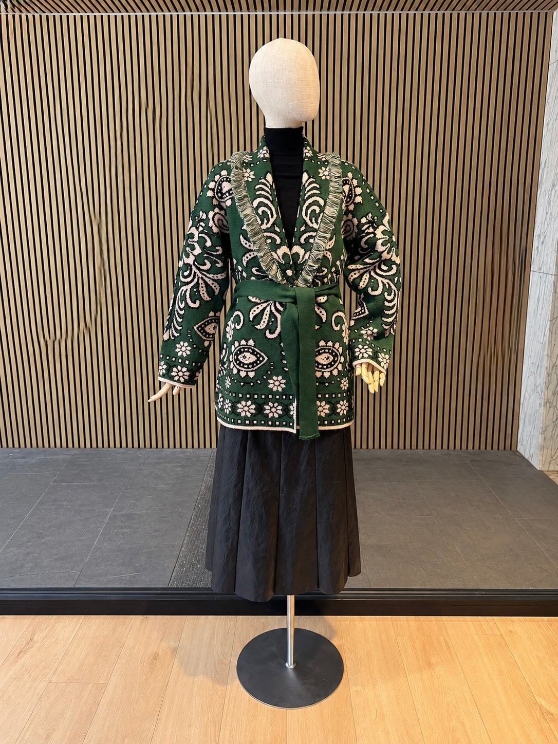Relaxed Fit Green Jacquard Knit Cardigan With Belt & Fringe Trim