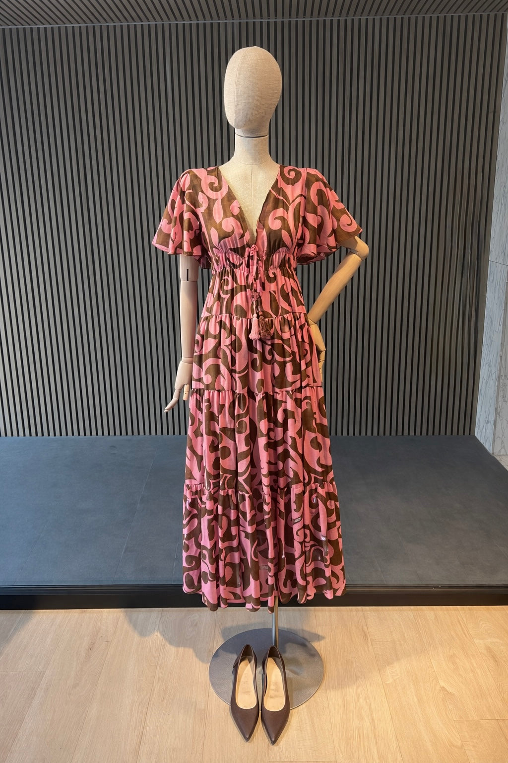 Pink Abstract Print Tiered Maxi Dress