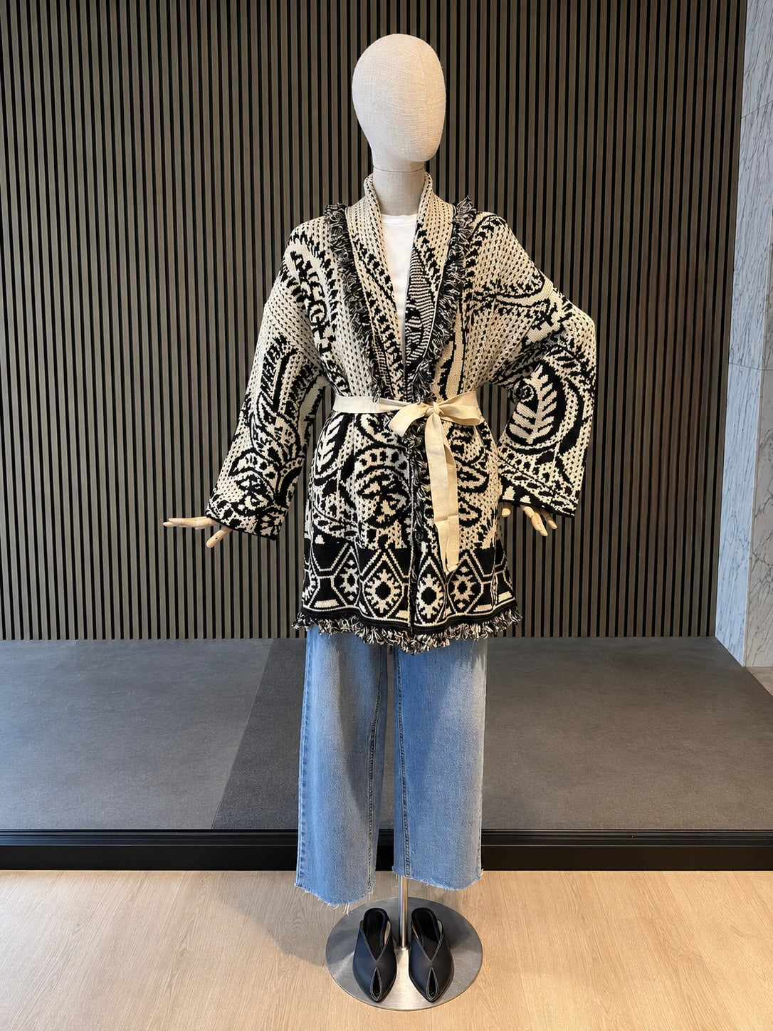 Luna Paisley Knit Oversized Belted Cardigan - Cream & Black Jacket