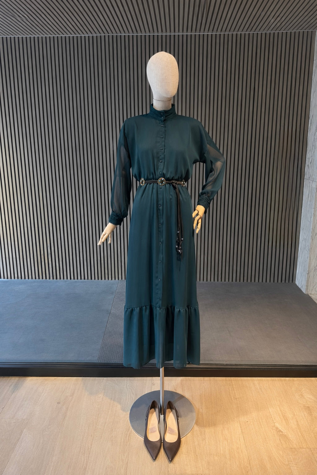 Emerald Green Belted Shirt Maxi Dress