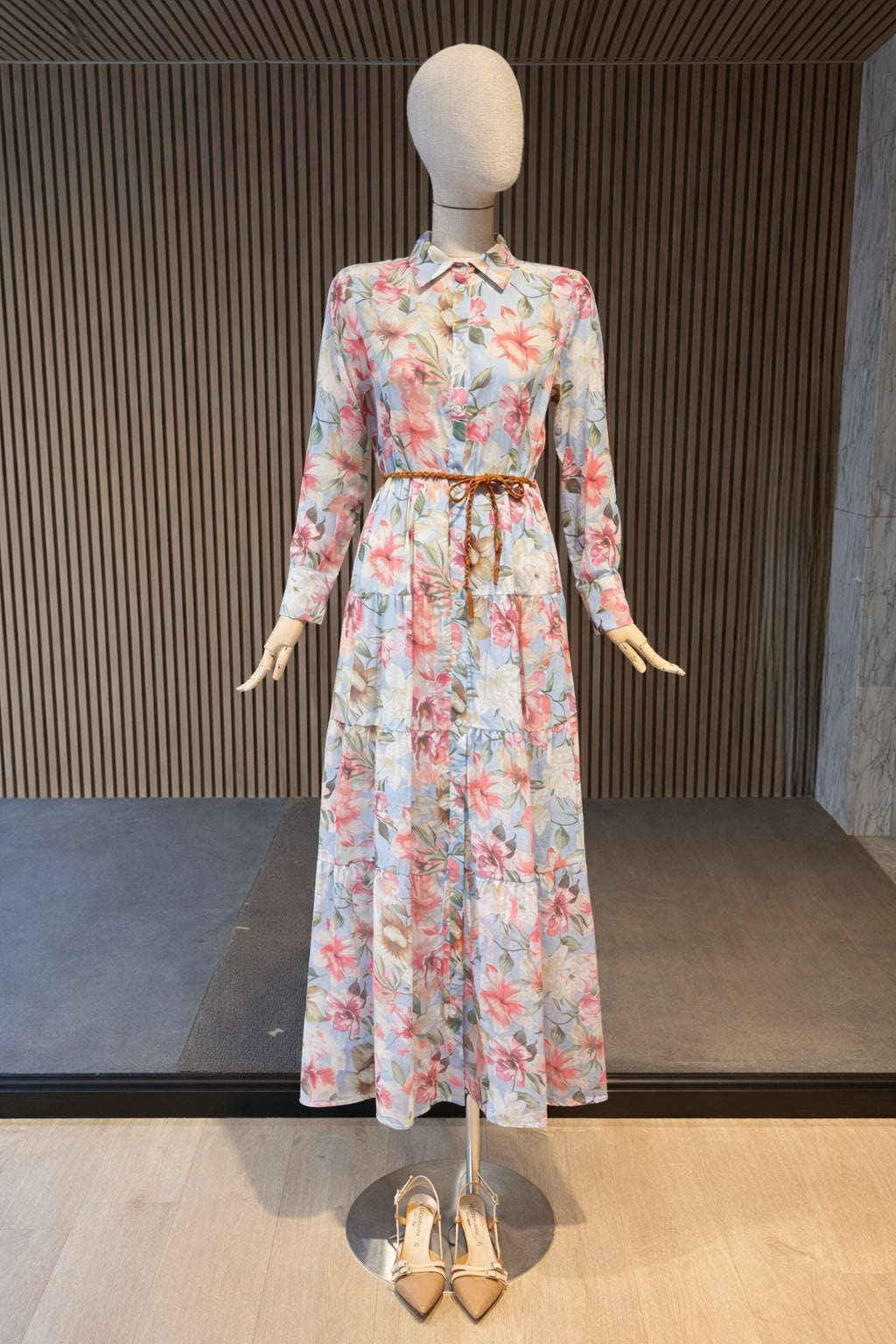 Pastel Floral Maxi Shirt Dress - Long Sleeve Button-Down Belted Dress Pastel Floral Maxi Shirt Dress - Long Sleeve Button-Down Belted Dress