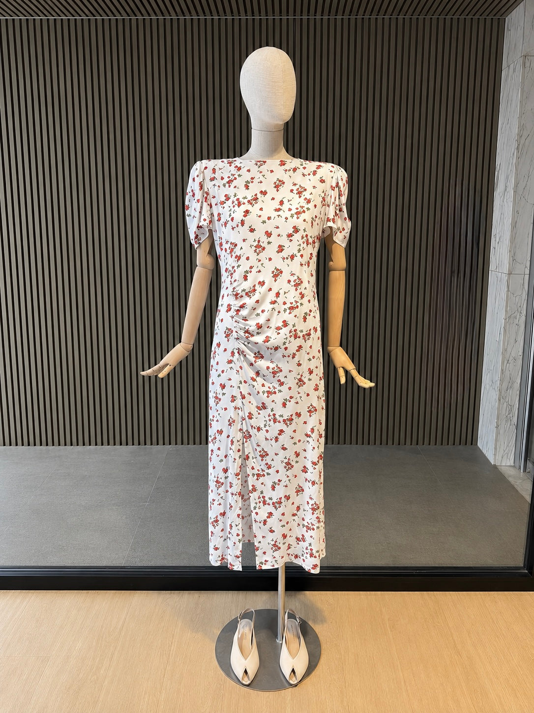Vintage Rose Floral Ruched Midi Dress - White & Red Romantic Summer Dress