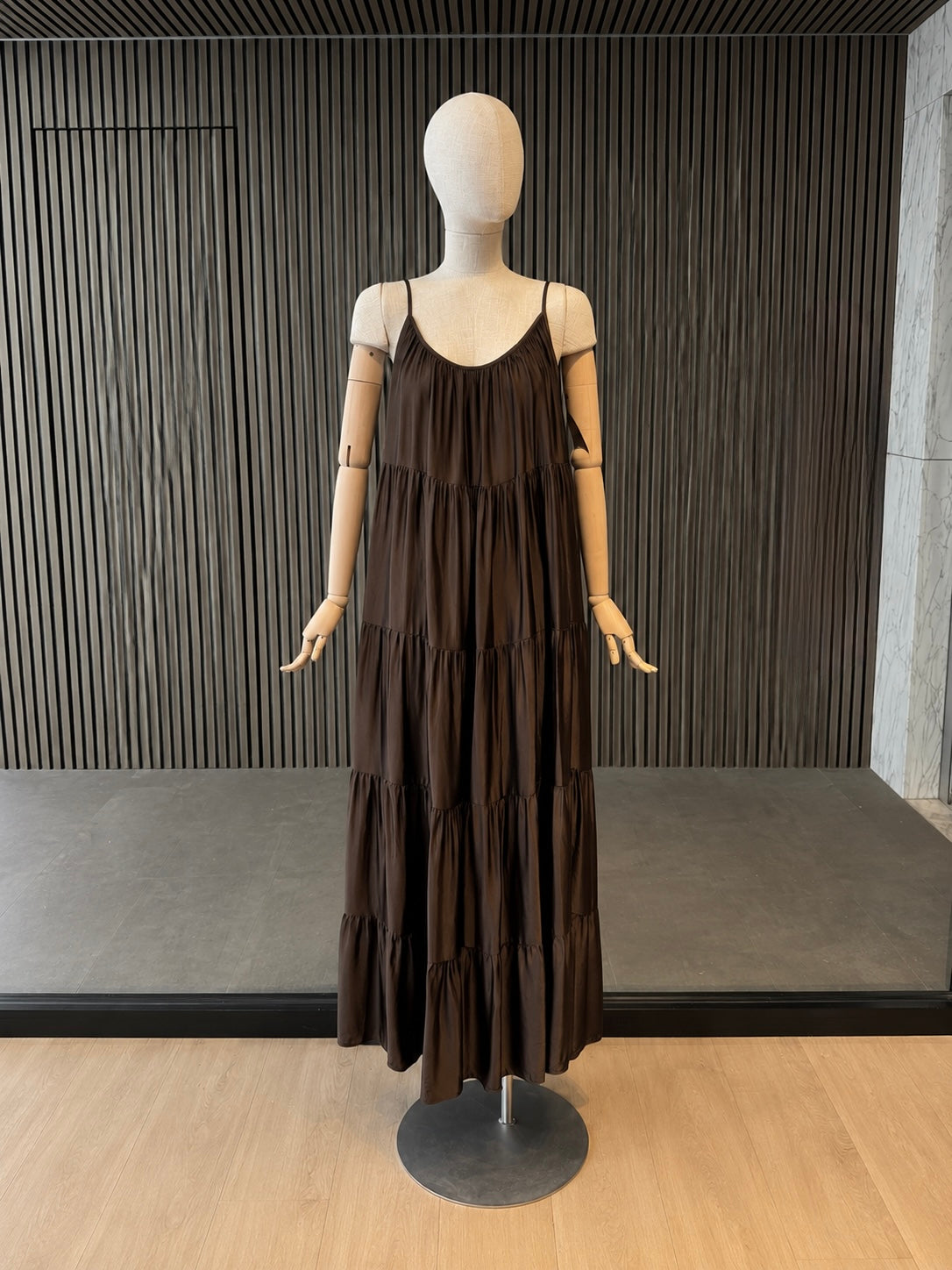 Women's Chocolate Brown Tiered Spaghetti Strap Maxi Dress