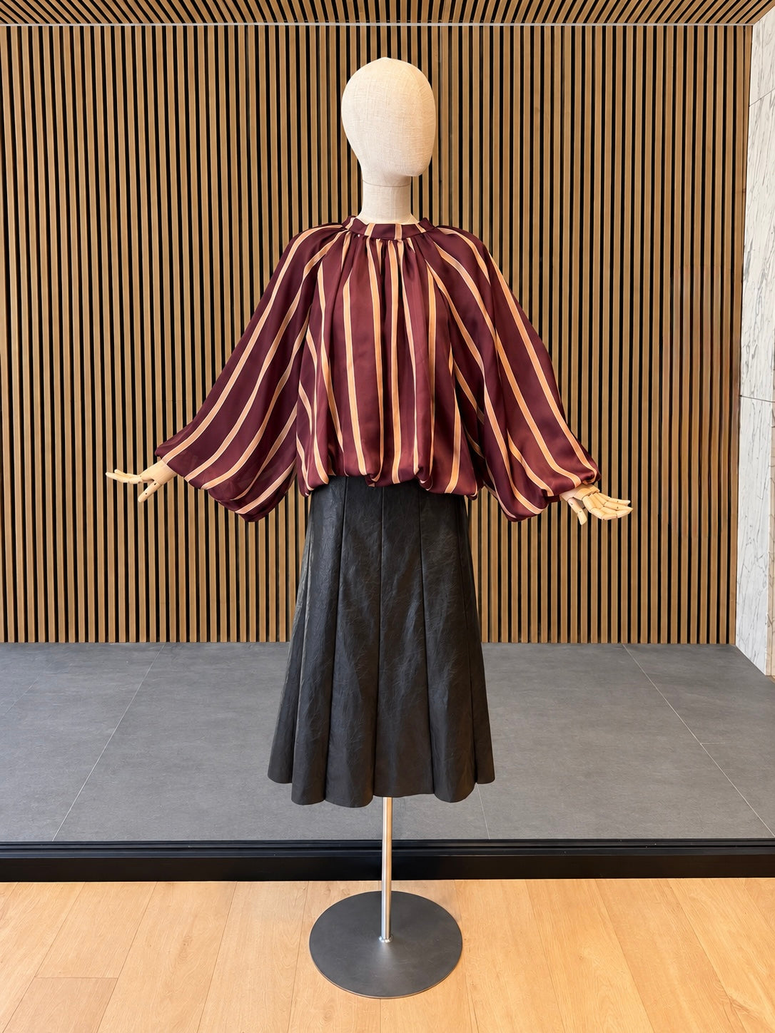 Relaxed Fit Burgundy Striped Balloon Sleeve Blouse With Gathered Neckline