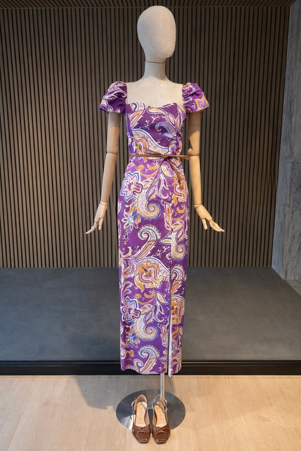 Purple Paisley Puff Sleeve Maxi Dress with Belt