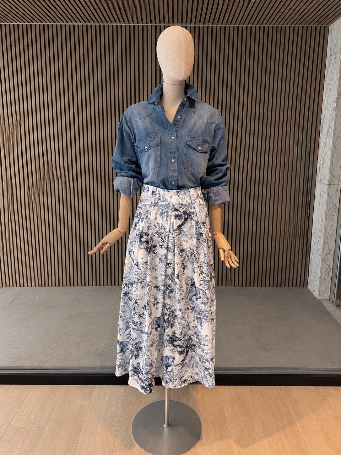 Blue Toile Print Midi Skirt - Elegant High Waist A-Line Skirt