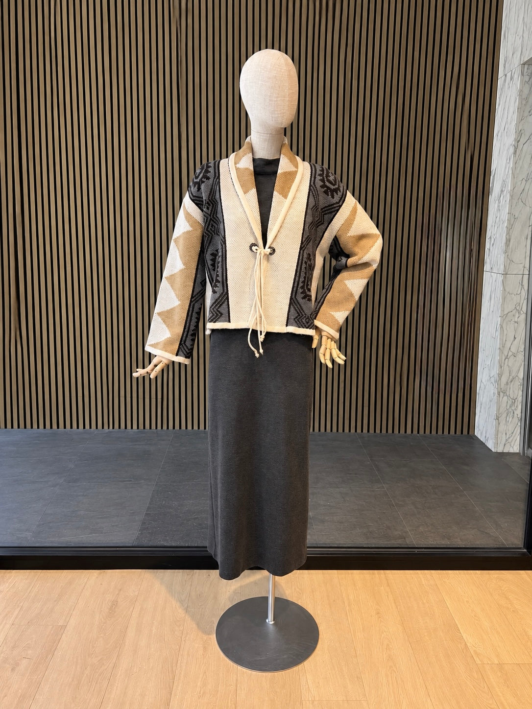 Women's Geometric Knit Cardigan With Tie Front - Cream, Camel & Grey