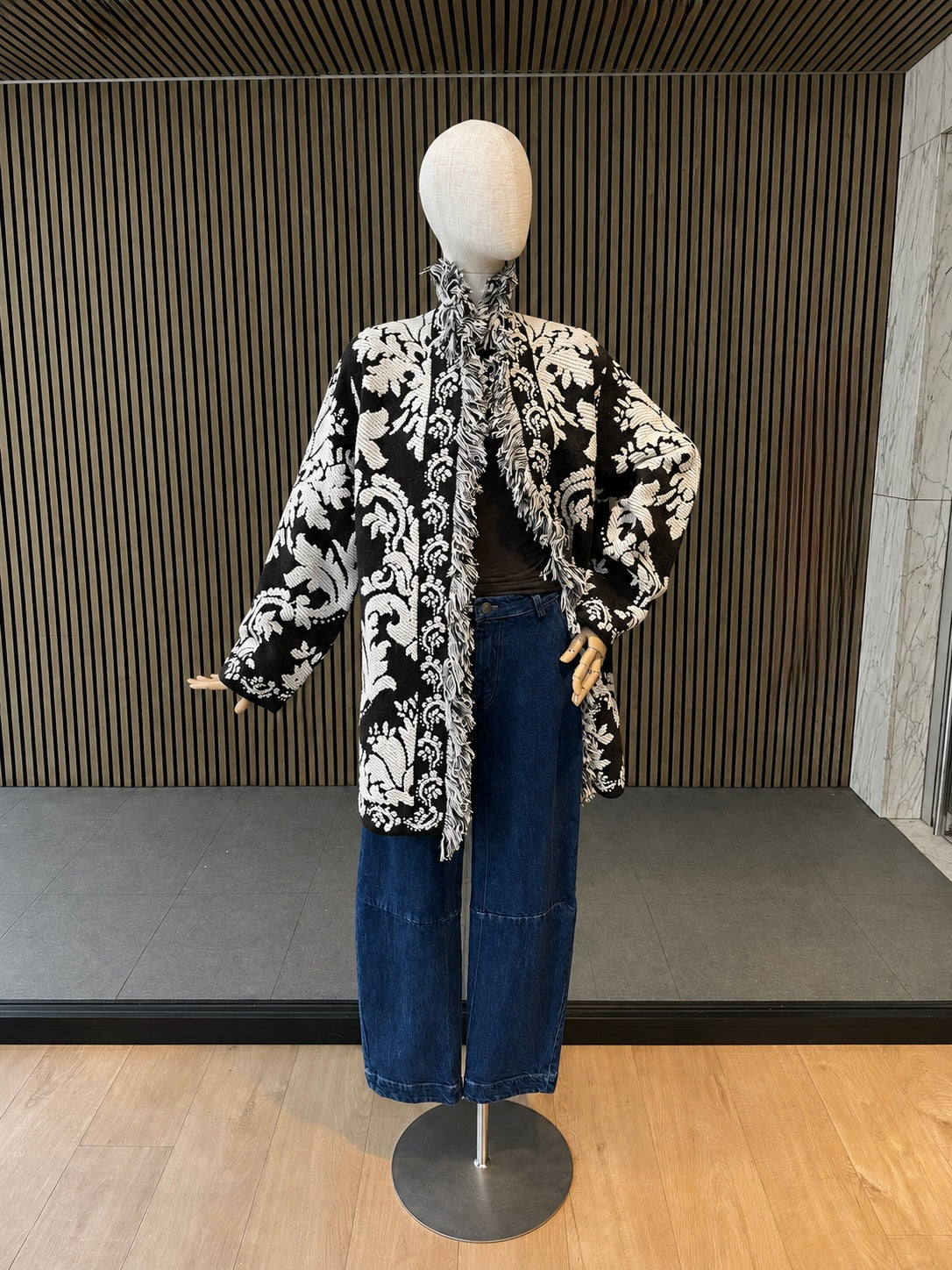 Women's Relaxed Fit Brown & Cream Baroque Jacquard Fringe Jacket