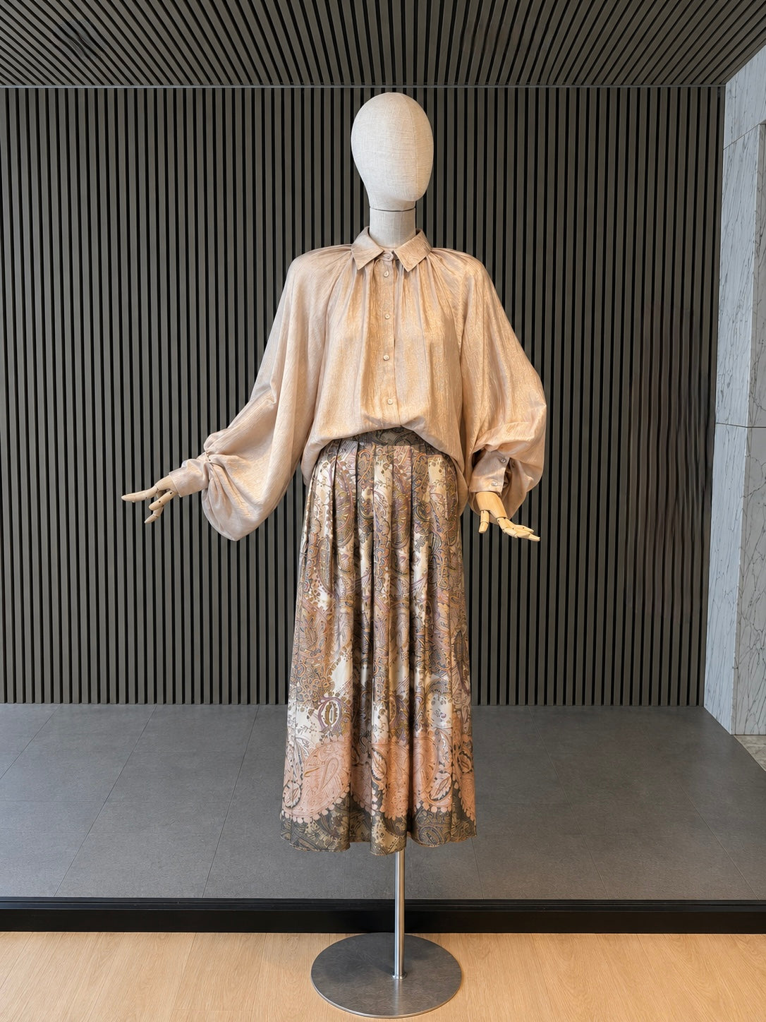 Beige Relaxed Fit Balloon Sleeve Blouse - Elegant Shimmer Button-Up Top