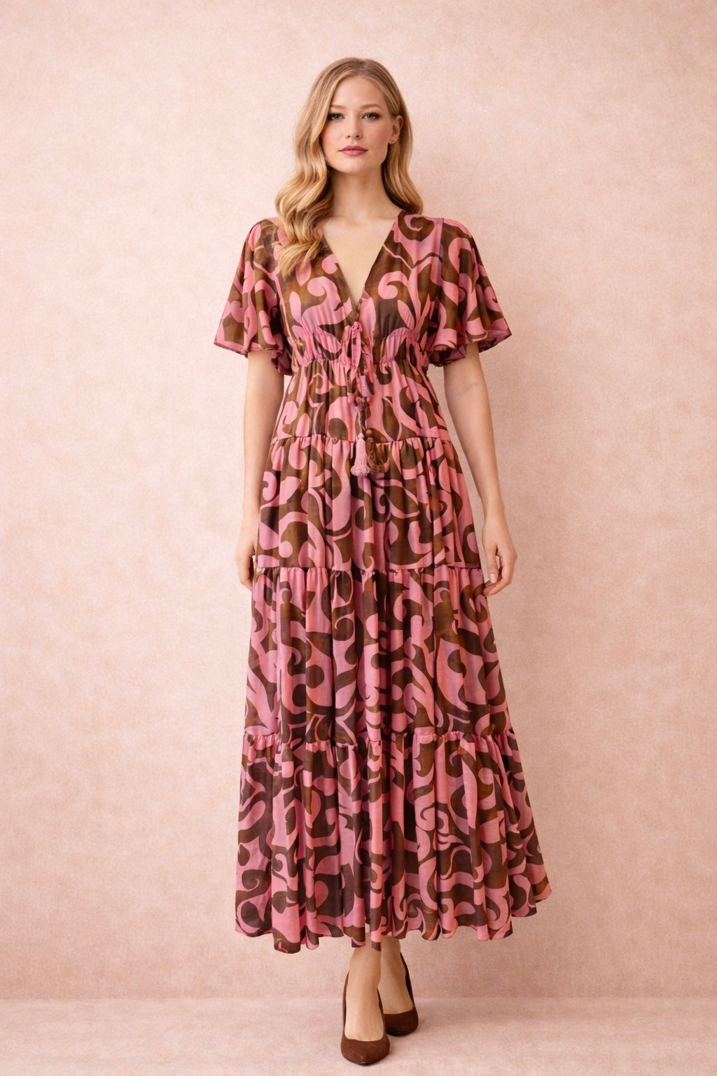 Pink Abstract Print Tiered Maxi Dress
