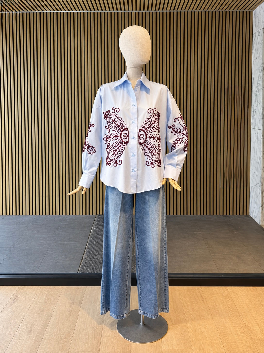 Light Blue Embroidered Oversized Shirt - Burgundy Floral Detail