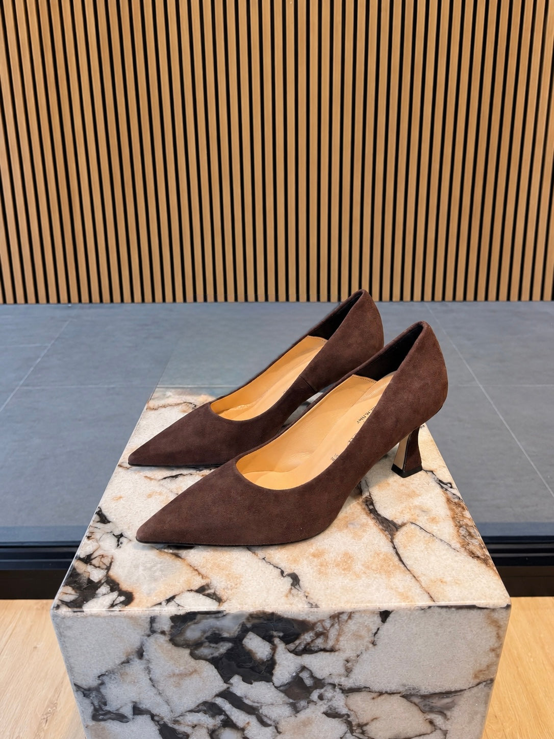 Women's Brown Suede Pointed-Toe Pumps With Flared Heel