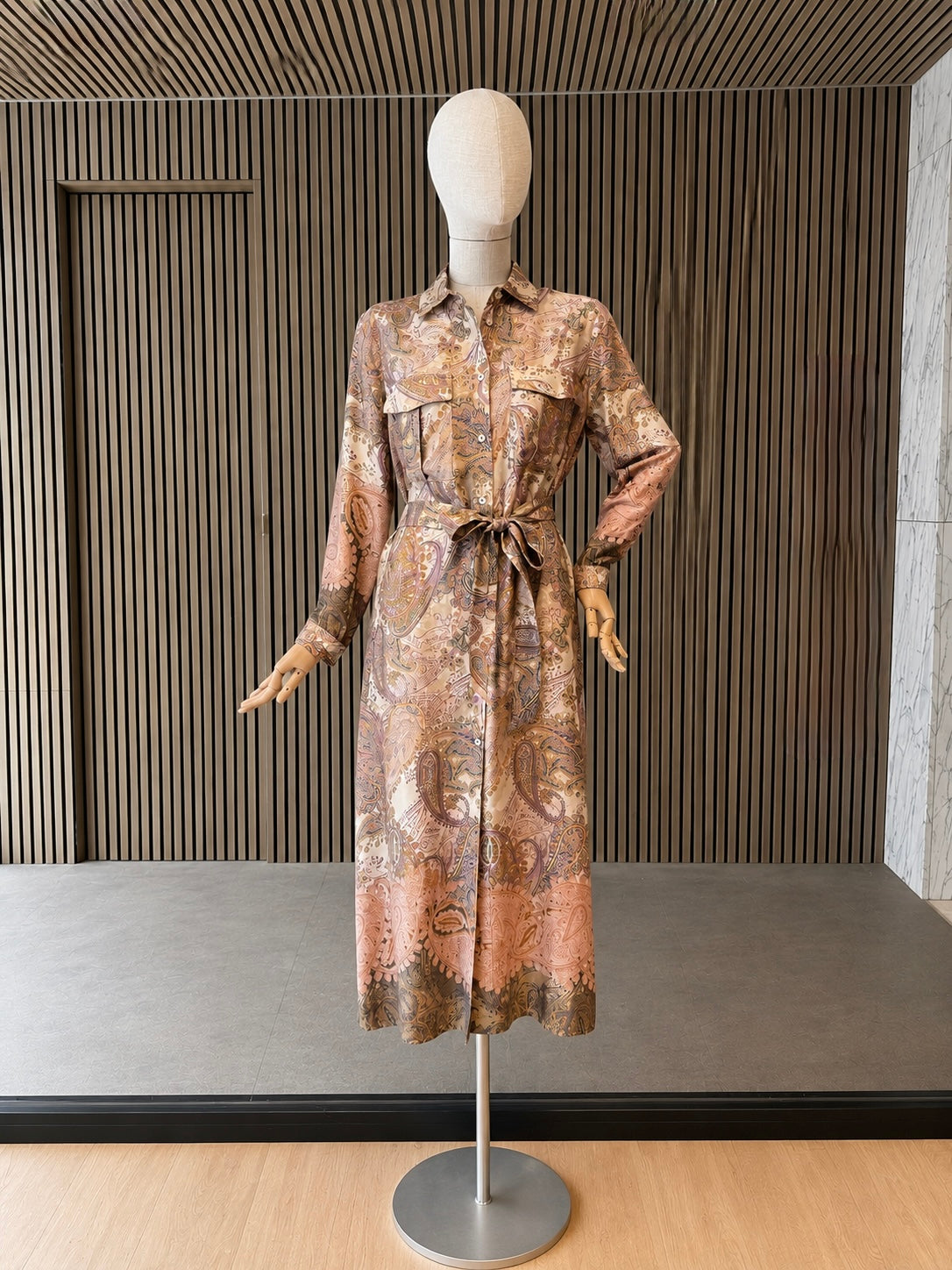 Elegant Paisley Shirt Dress Belted Long Sleeve Midi Dress In Beige Blush