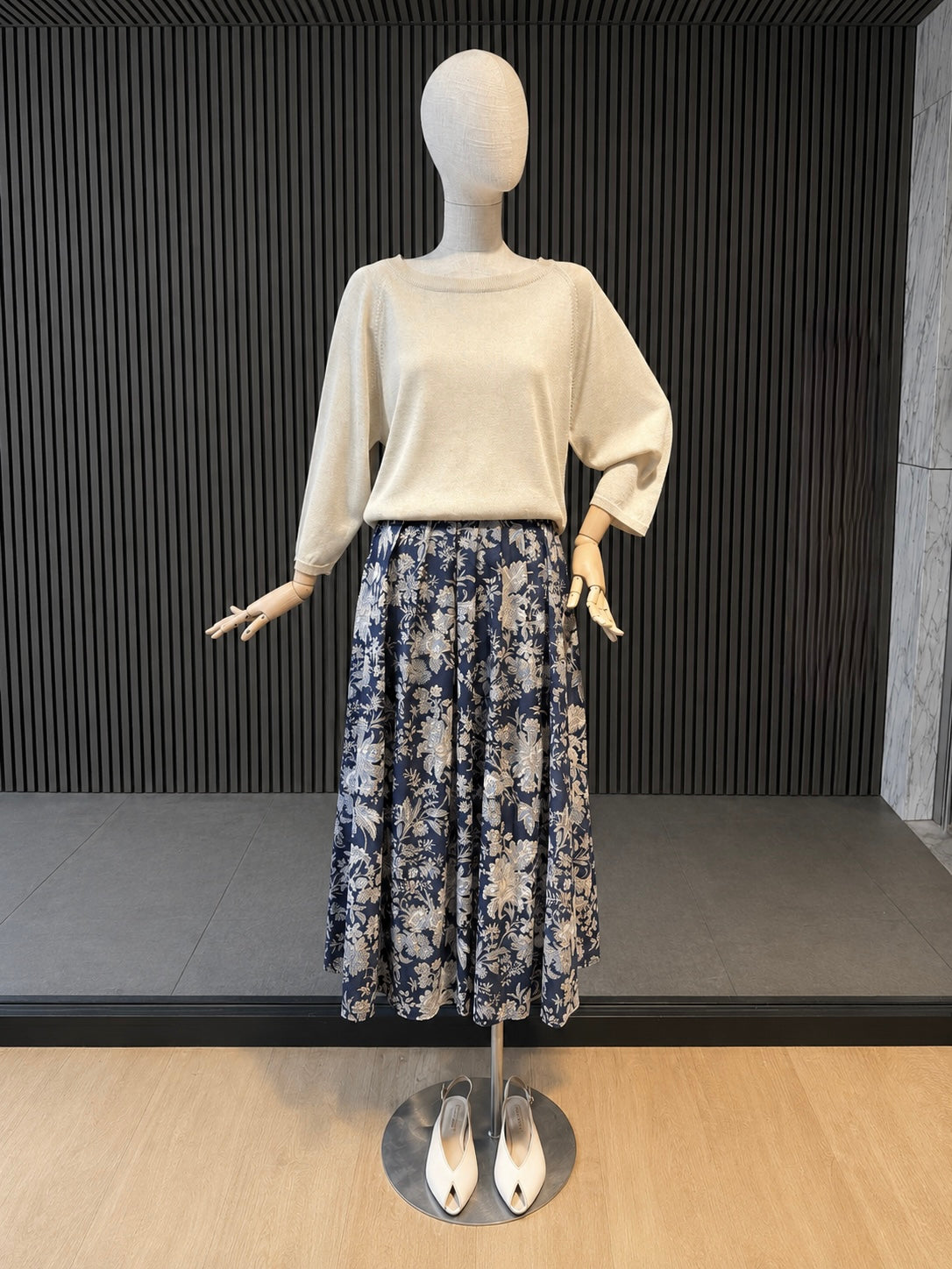 Navy Floral Midi Skirt - Elegant Flowing Skirt