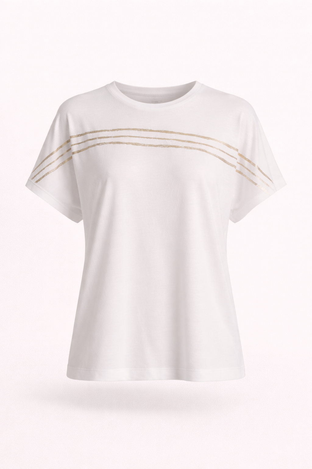 White Relaxed T-Shirt with Gold Foil Stripes – Soft Premium Casual Top