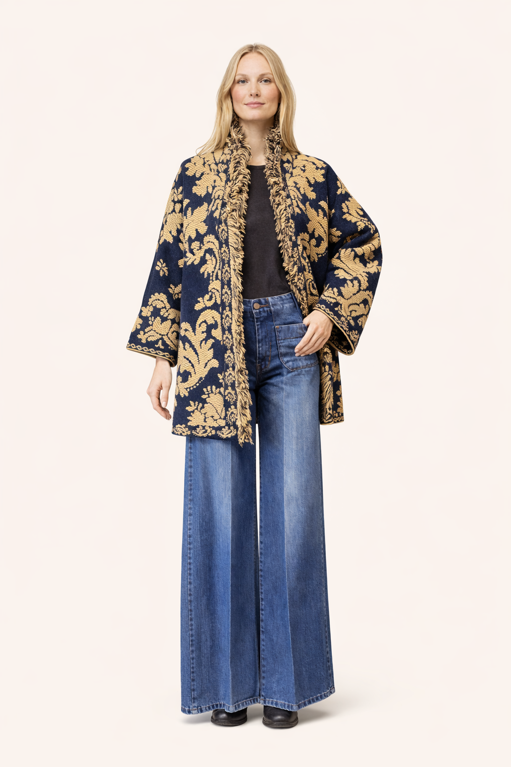 Navy Damask Fringe Relaxed-Fit Cardigan