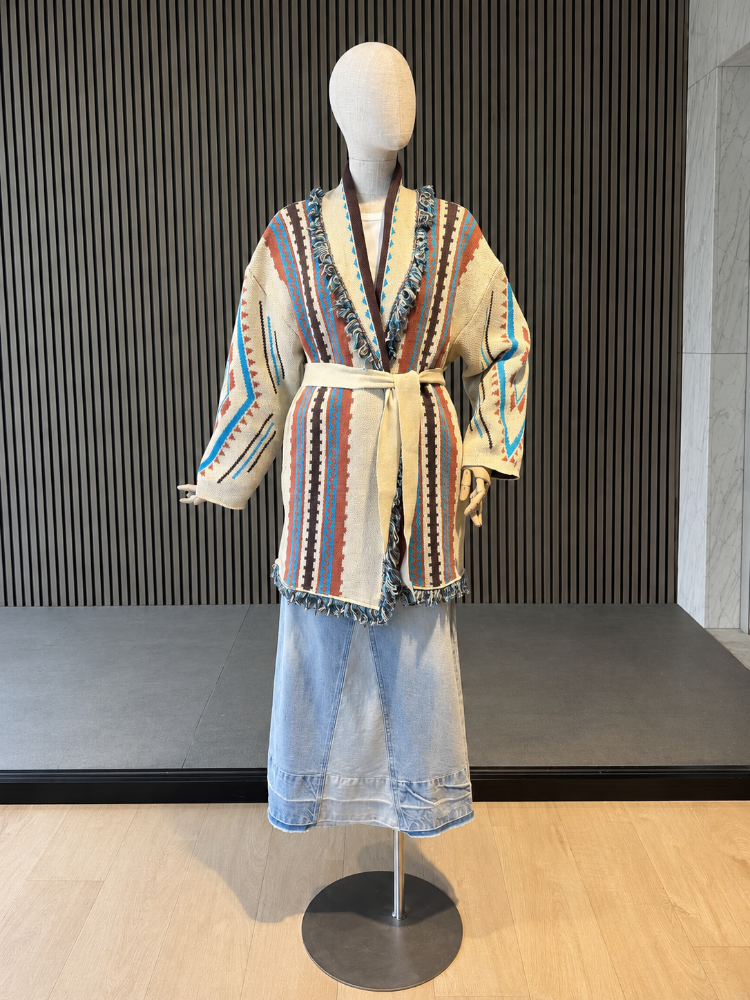 Oversized Cream Aztec Print Belted Fringe Cardigan