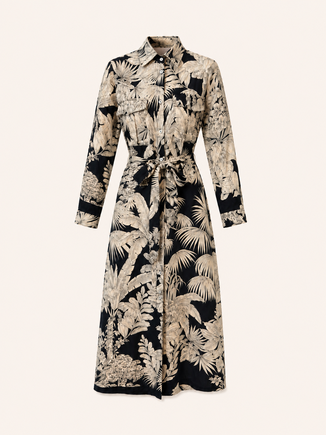 Women's Black & Beige Tropical Print Belted Maxi Shirt Dress