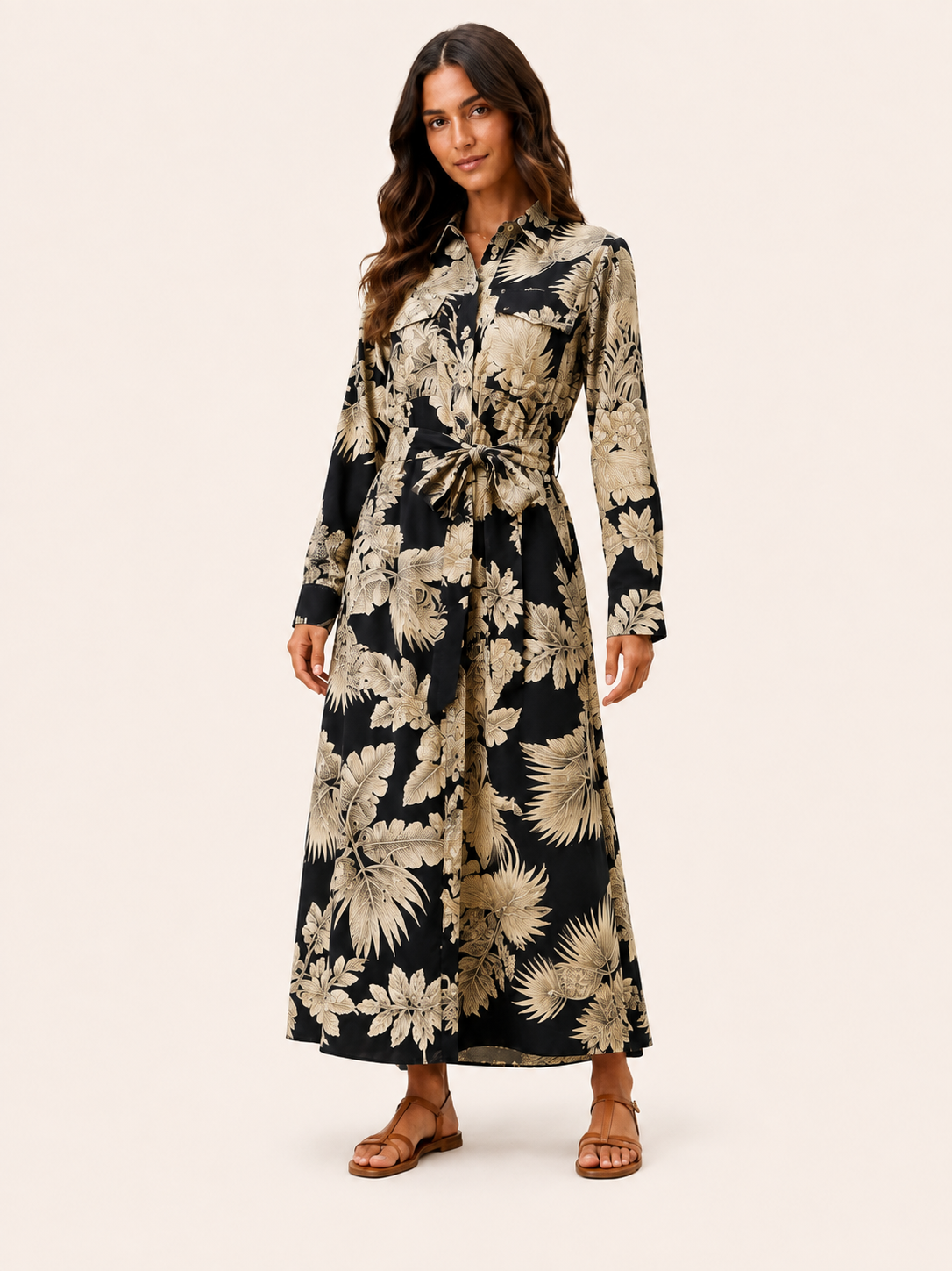 Women's Black & Beige Tropical Print Belted Maxi Shirt Dress