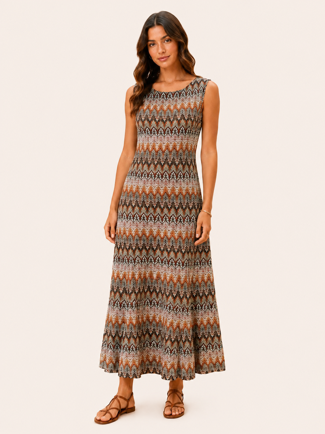 Women's Boho Geometric Print Sleeveless Maxi Dress - Brown Multi