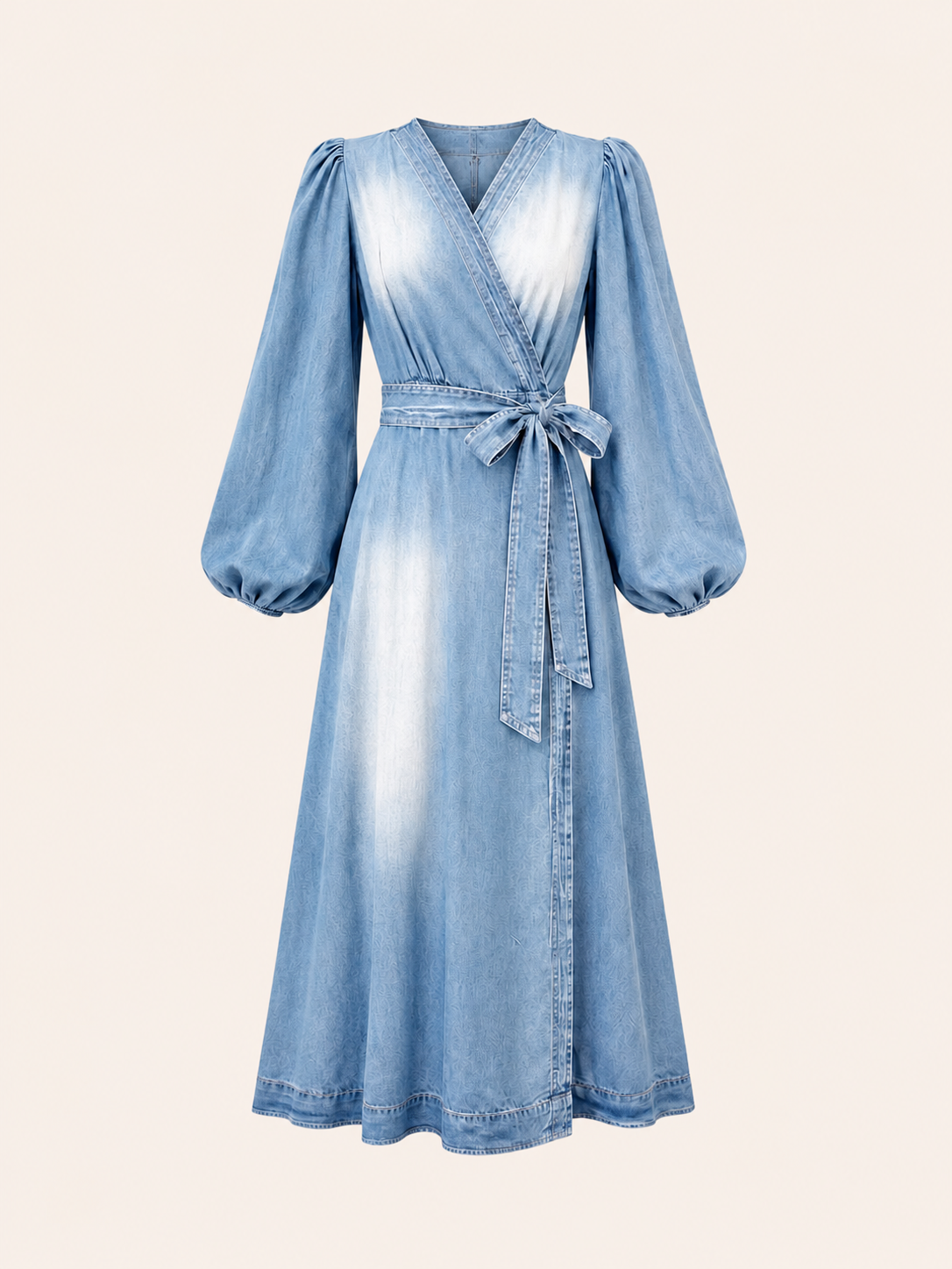 Women's Light Blue Denim Wrap Maxi Dress With Balloon Sleeves & Tie Belt