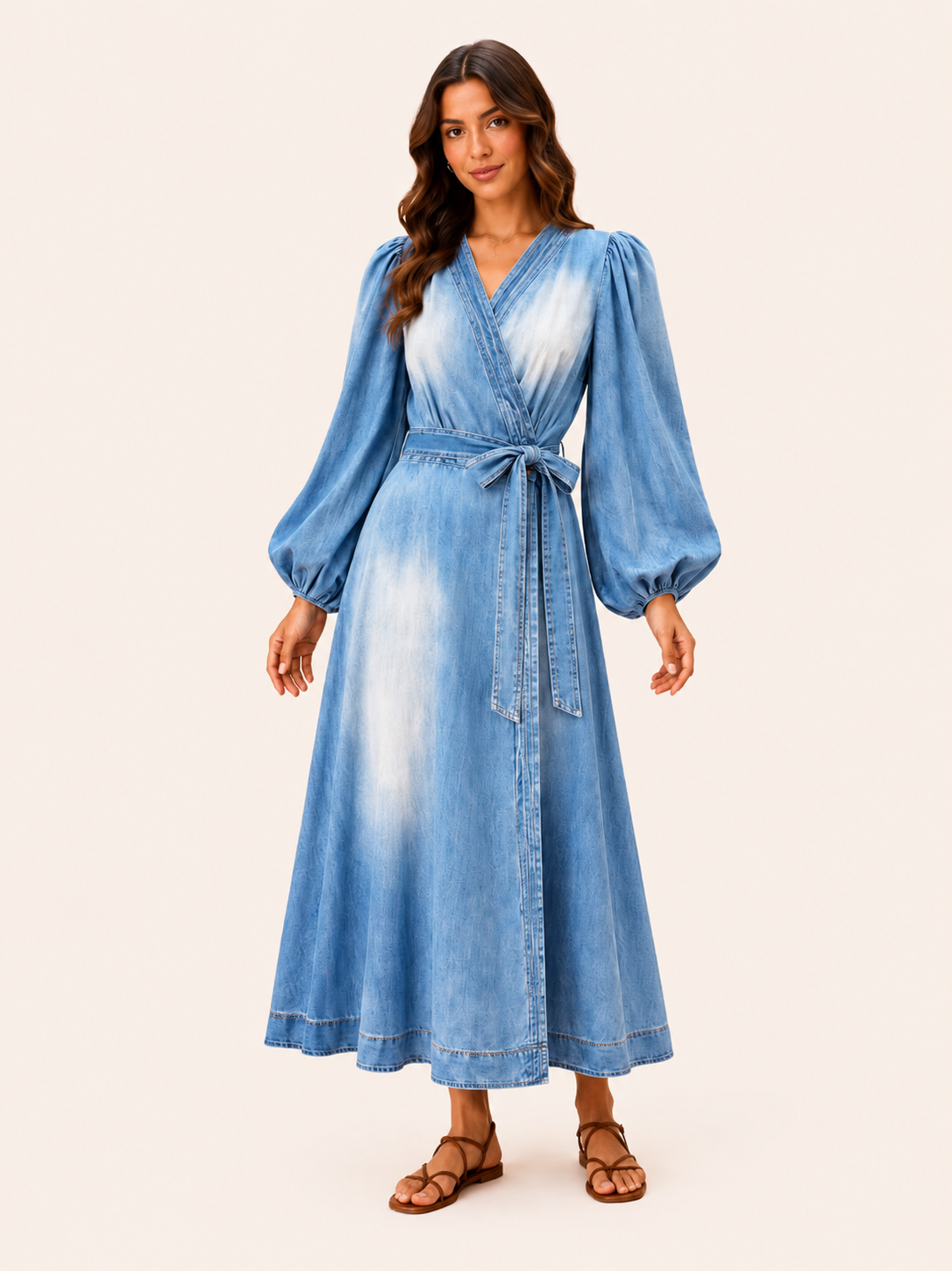 Women's Light Blue Denim Wrap Maxi Dress With Balloon Sleeves & Tie Belt