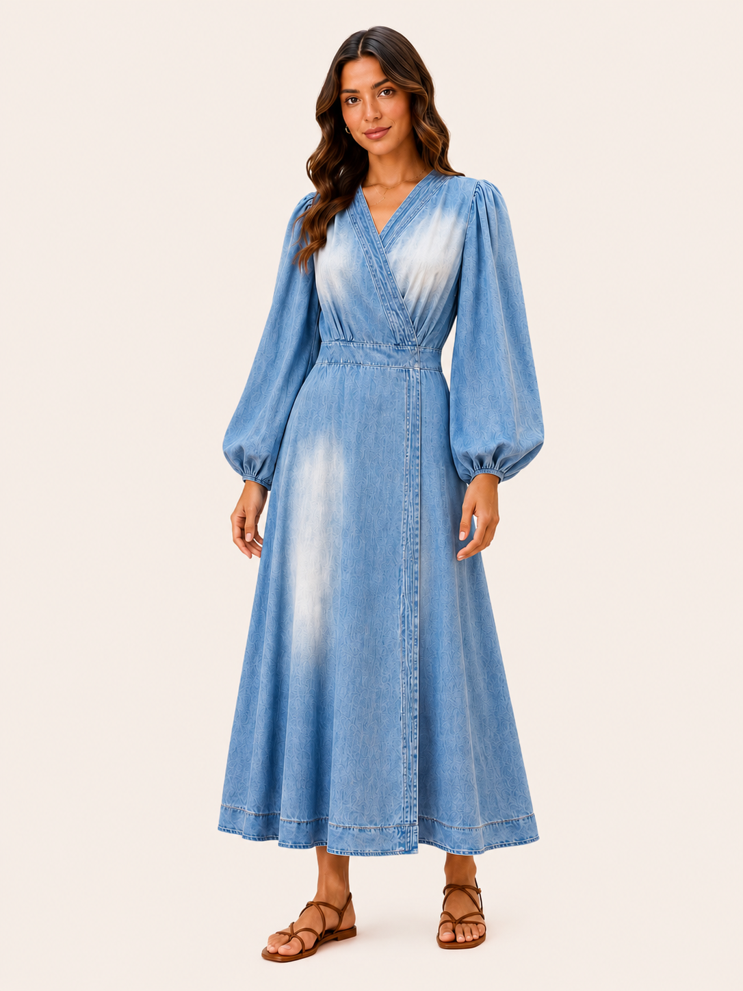 Women's Light Blue Denim Wrap Maxi Dress With Balloon Sleeves & Tie Belt