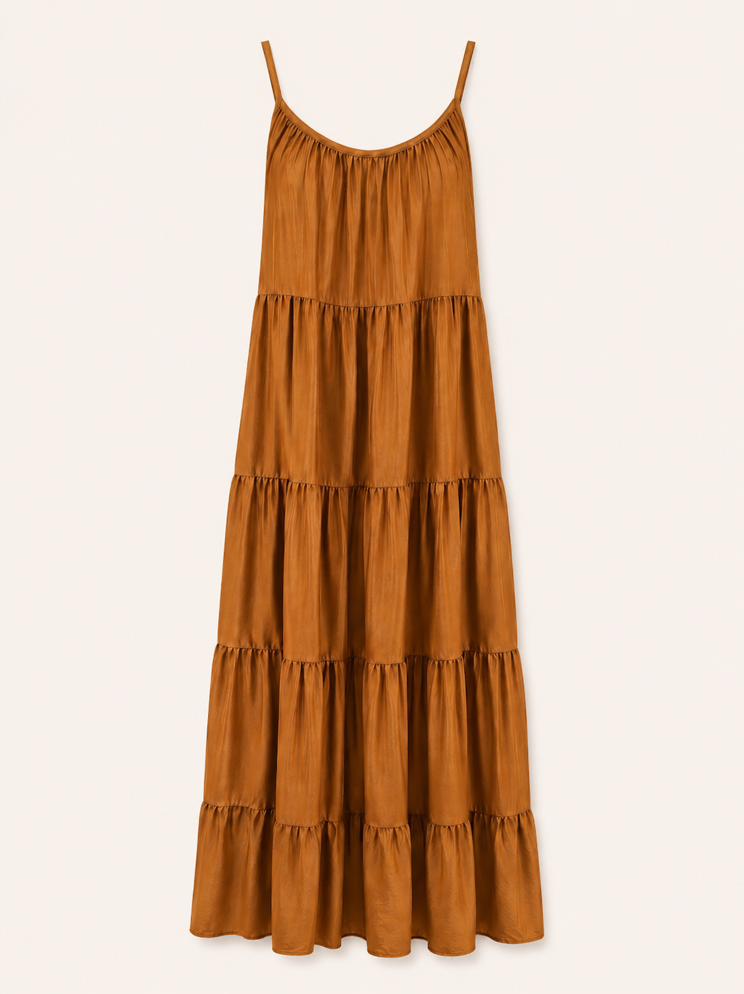 Women's Caramel Brown Tiered Spaghetti Strap Maxi Dress