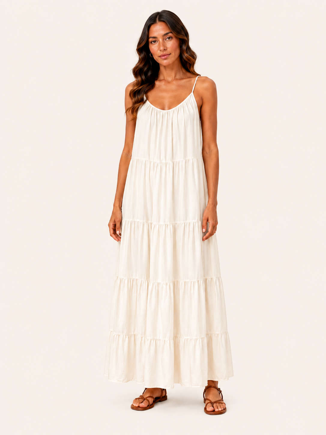 Women's Ivory Tiered Spaghetti Strap Maxi Dress