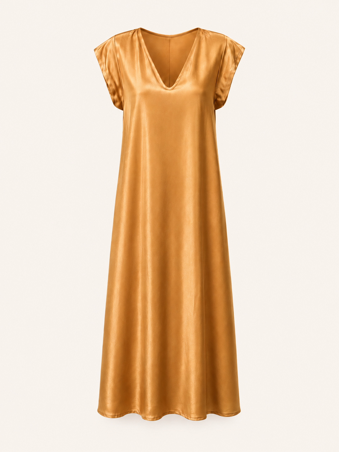 Women's Relaxed Fit Gold V-Neck Maxi Dress With Cap Sleeves