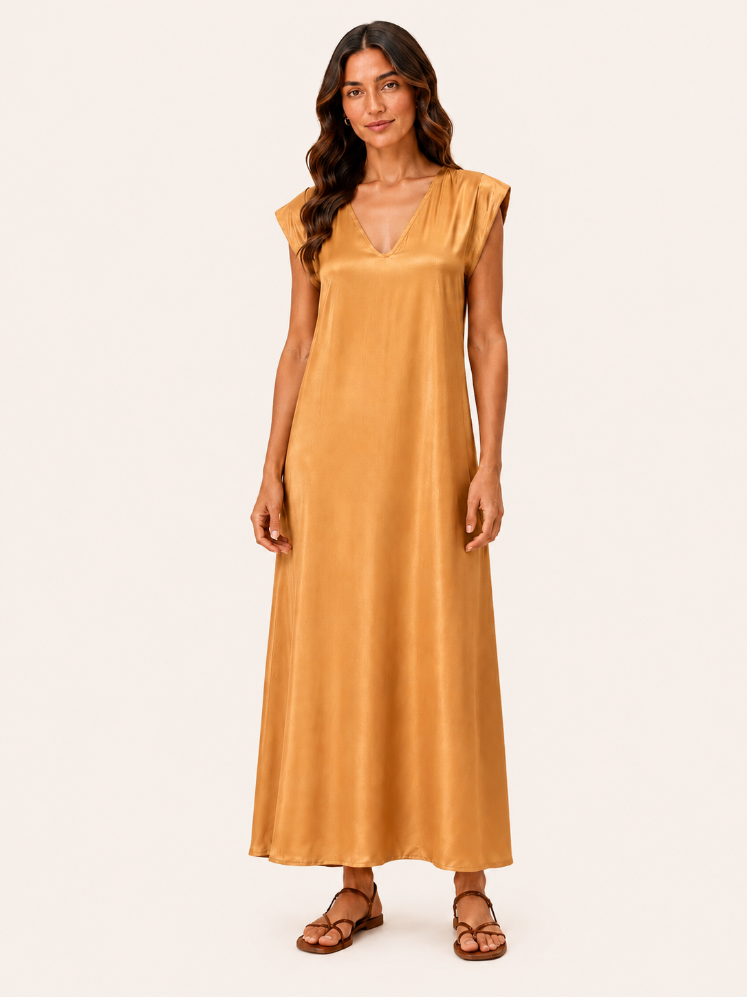 Women's Relaxed Fit Gold V-Neck Maxi Dress With Cap Sleeves