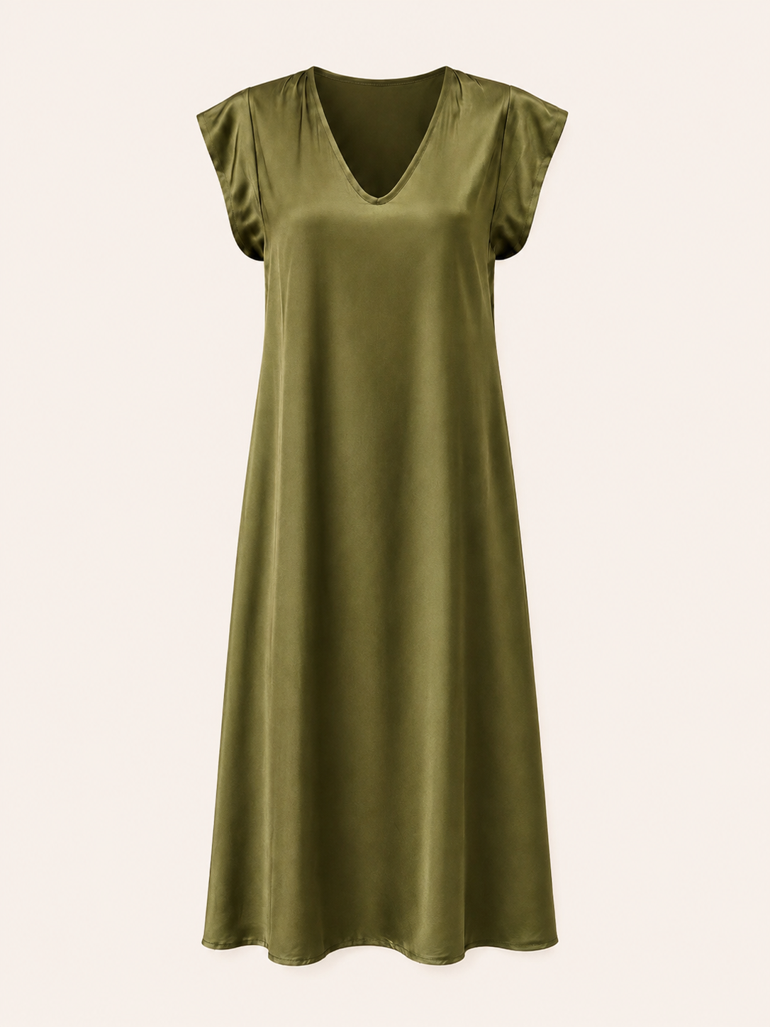 Women's Relaxed Fit Olive Green V-Neck Maxi Dress With Cap Sleeves
